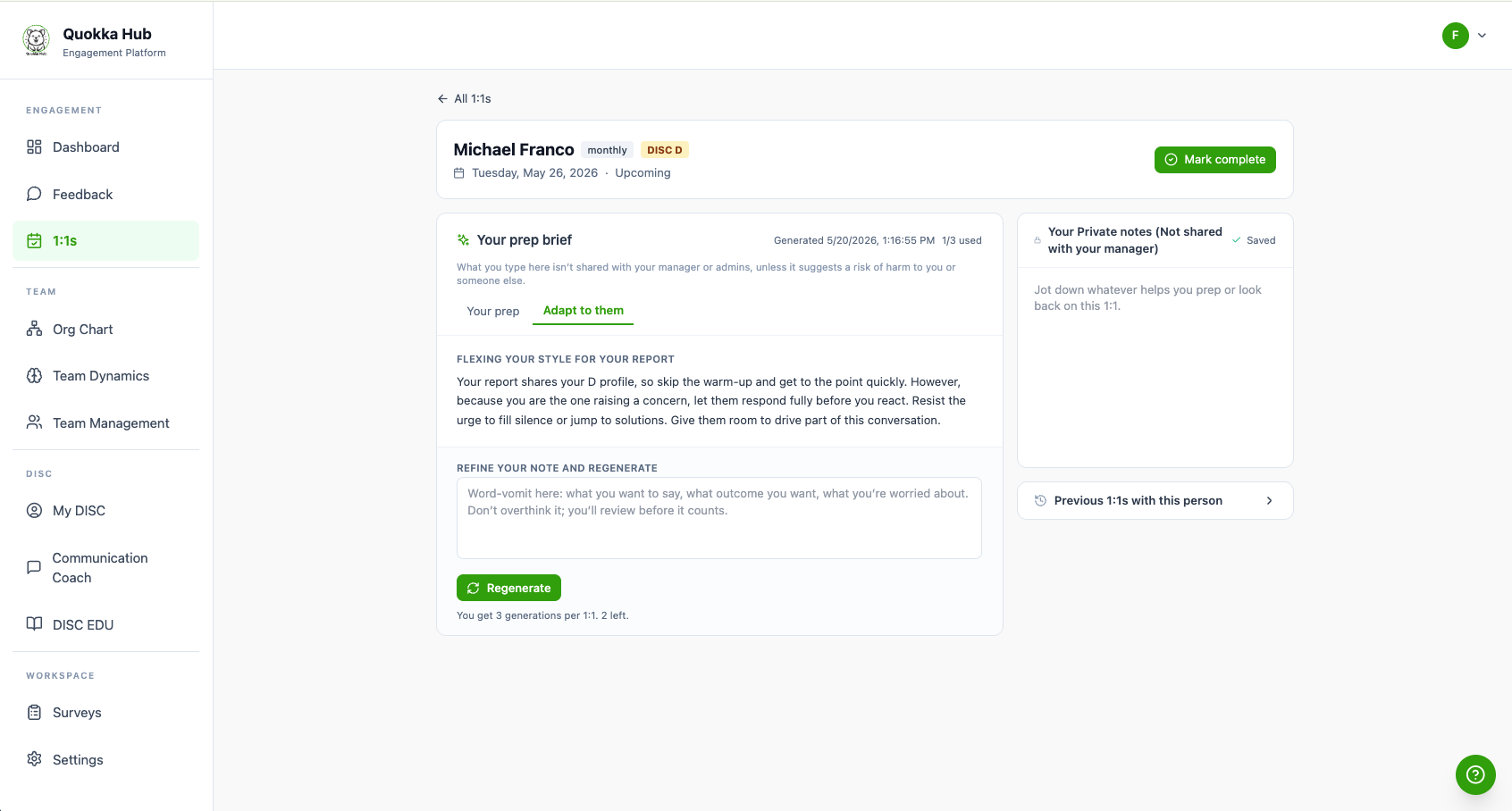 Quokka Hub 1:1 prep brief on the Adapt to them tab, with DISC-aware advice for the upcoming check-in