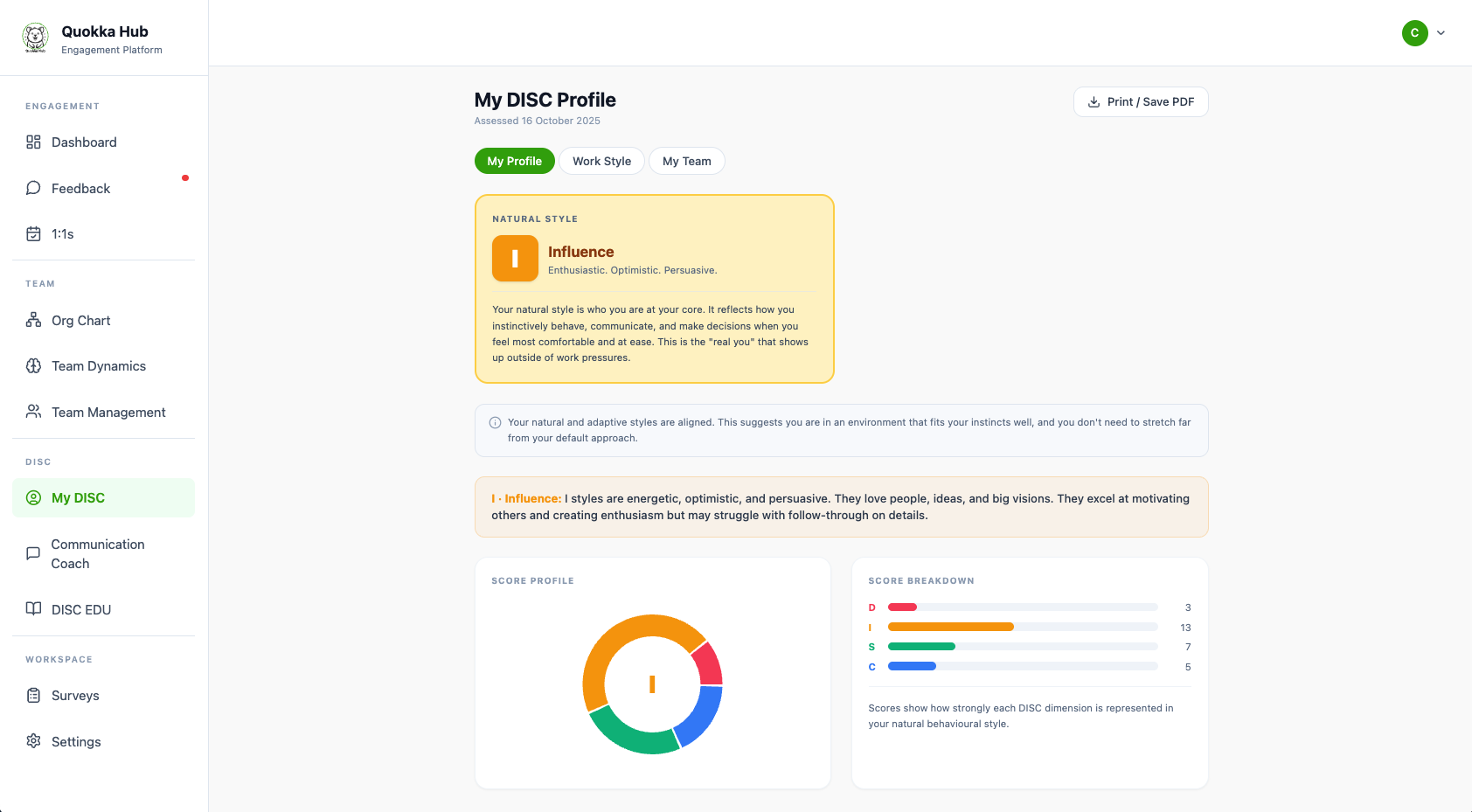 Quokka Hub personal DISC profile with a donut chart and behavioral score breakdown