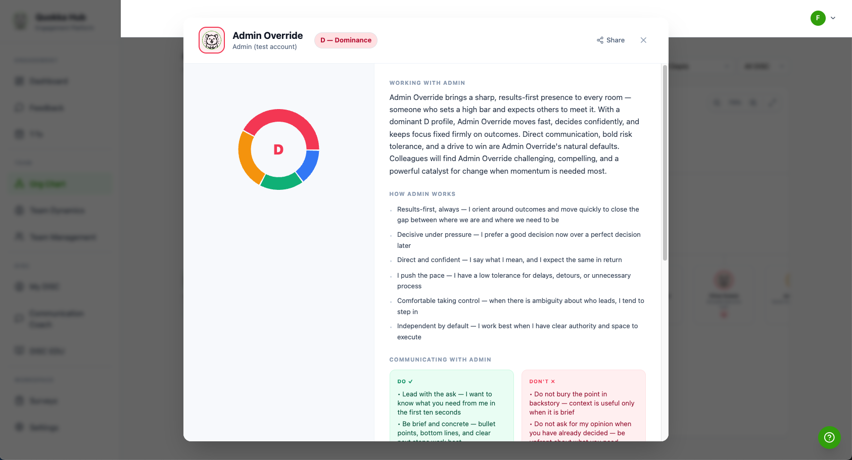 Quokka Hub DISC profile one-pager with how-they-work guidance and a Do and Don't column for managers