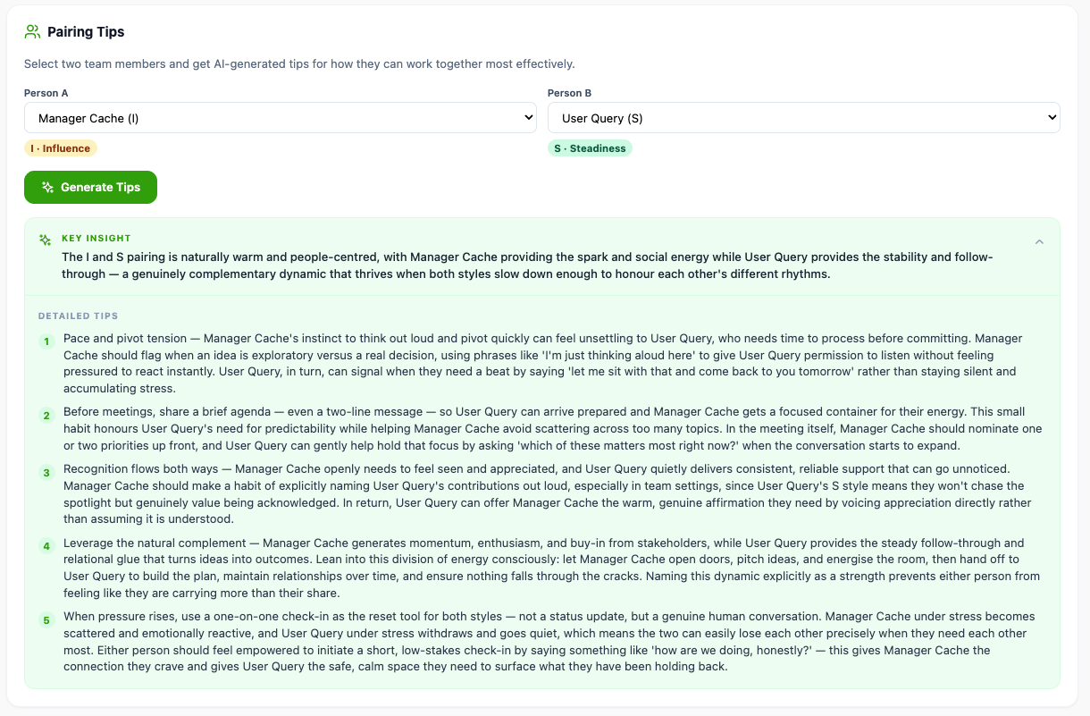 Quokka Hub pairing tips showing an AI-generated playbook for how an Influence and a Steadiness DISC style work together